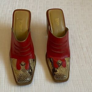 River stone  Red Leather Mules with Snake-Print Toe